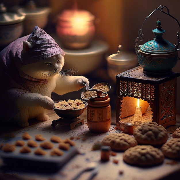 Ai genereerde een illustratie van een surrealistisch beeld van katten die koekjes bakken