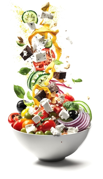 AI genereerde een illustratie van een verse Griekse salade in een kom die tegen een witte achtergrond drijft