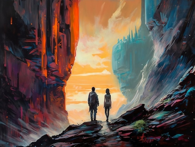 AI genereerde een illustratie van twee mensen met een silhouet tegen een achtergrond van zonsondergang in een woestijnlandschap