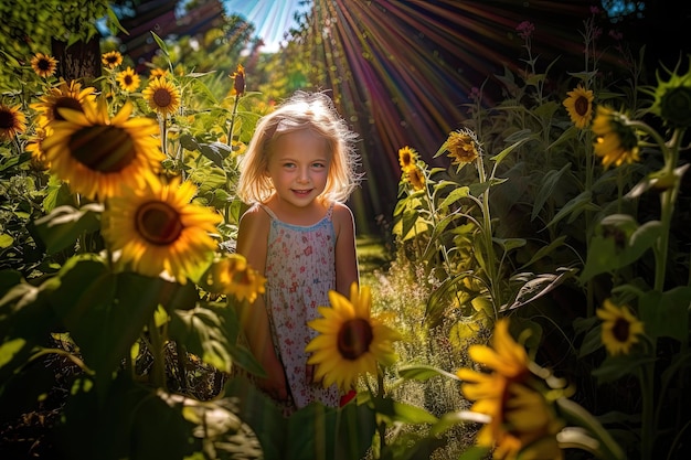 AI genereerde een medium shot van een lachend blond blank meisje in het midden van een zonnebloemveld