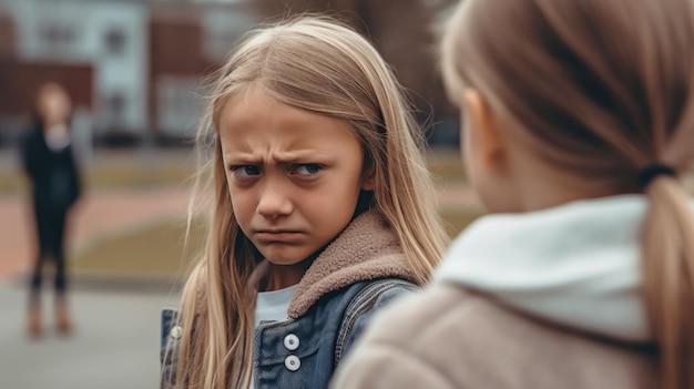 AI genereerde een meisje dat gepest werd door een ander meisje op een schoolplein