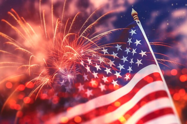 Foto ai genereerde feestelijk vuurwerk op de achtergrond van de amerikaanse vlag op de onafhankelijkheidsdag van de vs