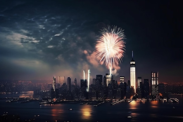 Ai genereerde illustratie New York op oudejaarsavond met vuurwerk boven de stad