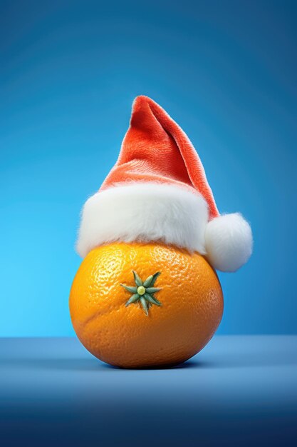 Foto ai-genereerde illustratie van een oranje citrusvrucht versierd met een rode kerstmanhoed