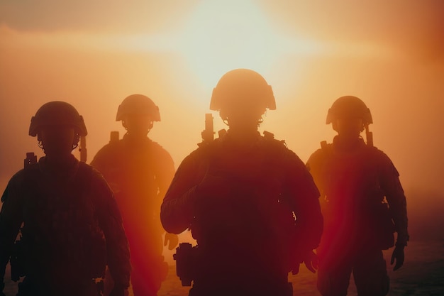 AI genereerde silhouetten van legersoldaten die in rook aanvallen tegen zonsondergang mariniersteam in actie