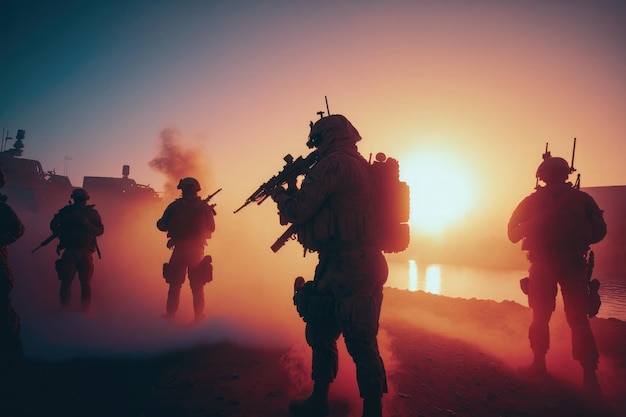 AI genereerde silhouetten van legersoldaten die in rook aanvallen tegen zonsondergang mariniersteam in actie