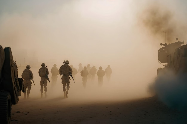 AI genereerde silhouetten van legersoldaten die in rook aanvallen tegen zonsondergang mariniersteam in actie