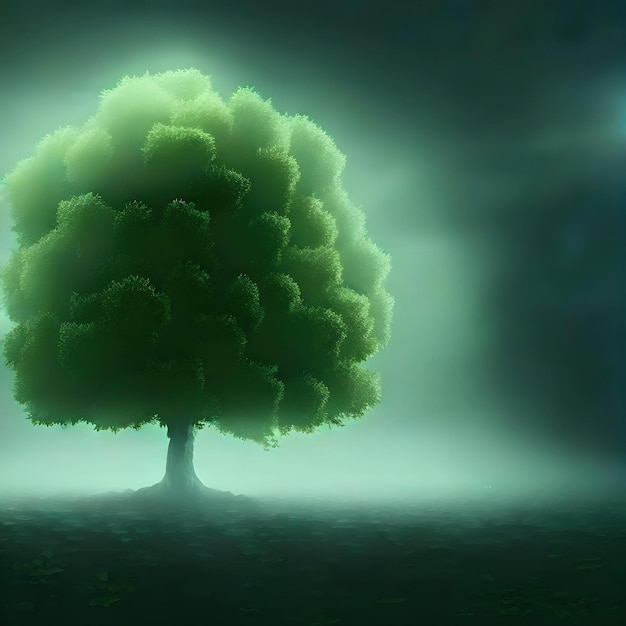 Foto ai genereerde weelderige groene boom op veld onder grijze lucht