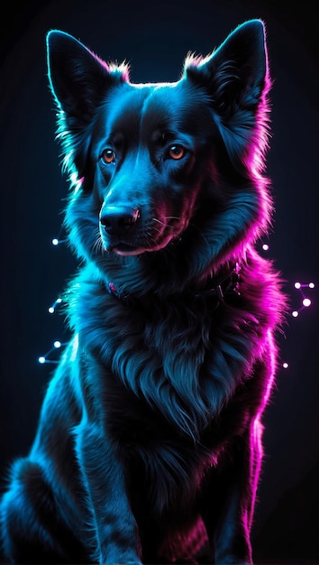Foto ai genereert een prachtige zwarte hond met kleurrijke lichten op zijn lichaam