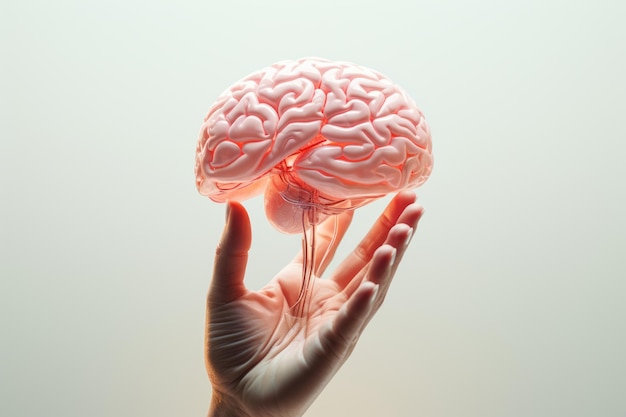 Foto una tecnologia di rete globale ologramma del cervello umano in mani umane in un sci-fi futuristico