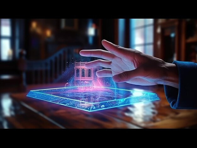 Photo ai global network technology hologram with light and hand of human with color glow in scifi futuristic concept particle with digital data cyber information science and life analysis ai generative