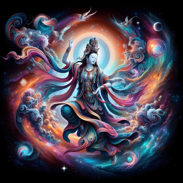 AI of Goddess Guanyin in a galaxy dance symbolizing the cosmic of physical embodiment of compassion