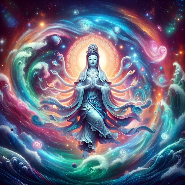 AI of Goddess Guanyin in a galaxy dance symbolizing the cosmic of physical embodiment of compassion