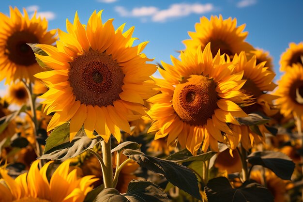 Ai golden abundance a field of blooming sunflowers against the blue sky at sunset