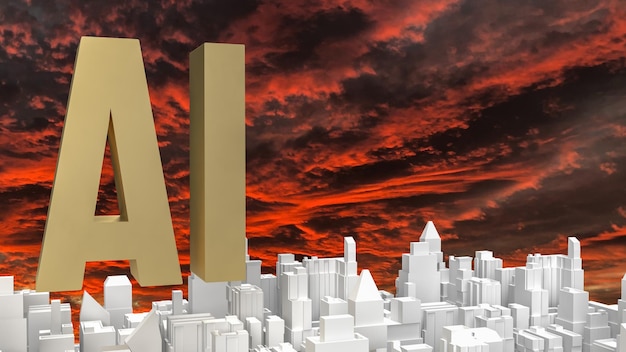 AI gouden tekst en witte stad bouwen 3D-rendering