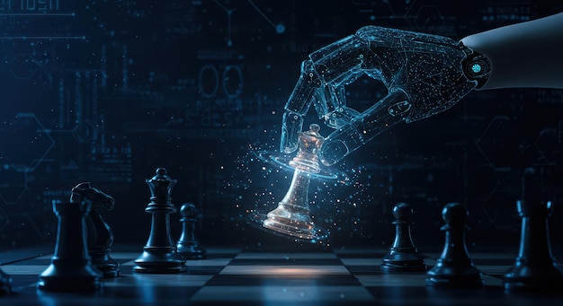 an ai hand moves a king on a chessboard representing the connection between artificial intelligence