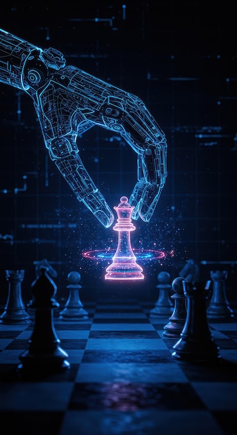 an ai hand moves a king on a chessboard representing the connection between artificial intelligence