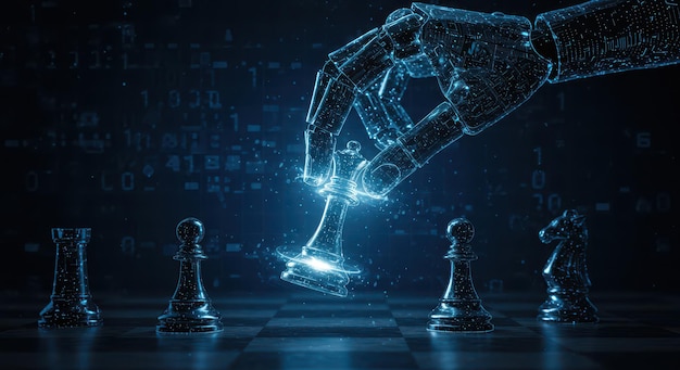 an ai hand moves a king on a chessboard representing the connection between artificial intelligence