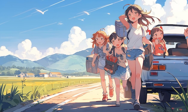 AI happy family goes on vacation by car