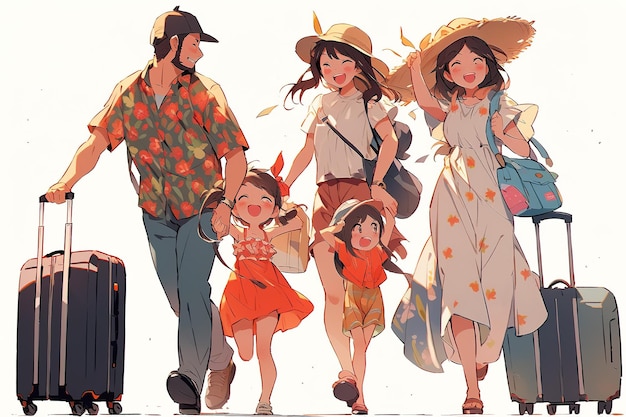 Счастливая семья отправляется в отпуск пешком.