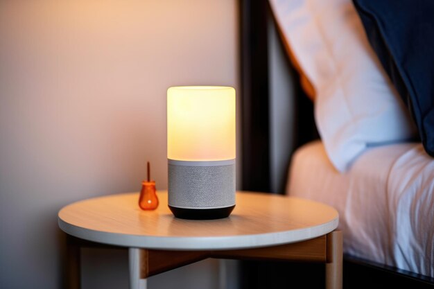 Photo an ai home assistant speaker on a bedside table