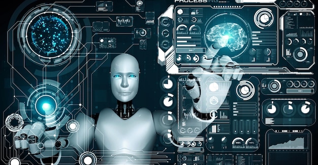 AI hominoid robot touching virtual hologram screen showing concept of big data