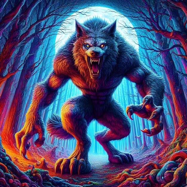 AI of a huge fierce werewolf is shown and running wild in the dark forest