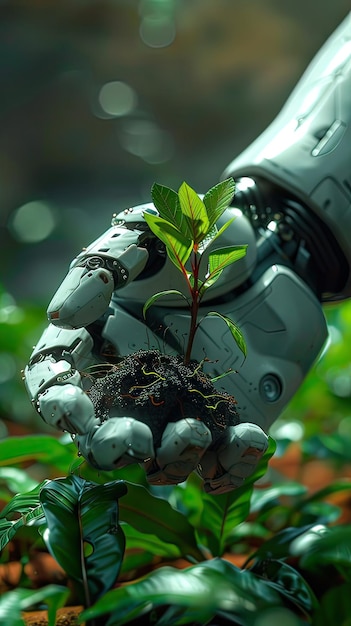 写真 人工知能のヒューマノイドの手が森で若い植物の芽を握っています 持続可能性と環境のコンセプト