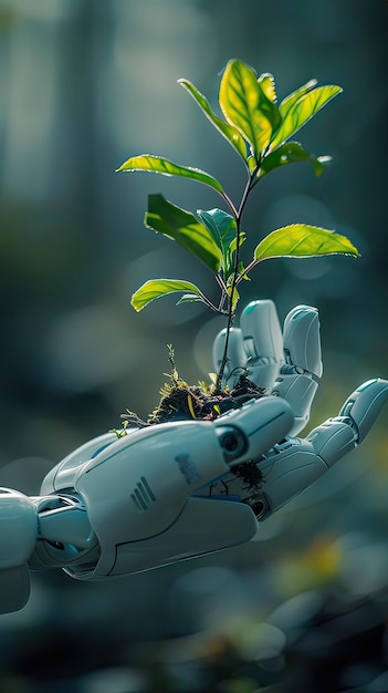 Photo ai humanoid hand holding a young plant in the forest sustainability and environment concept