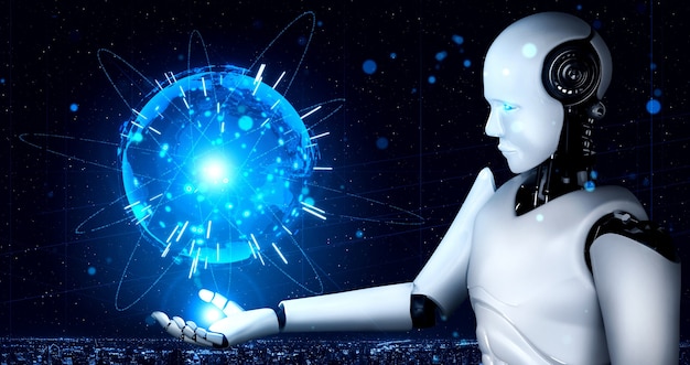 AI humanoid robot holding hologram screen shows concept of global communication