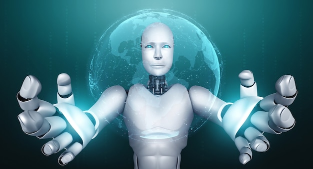 Робот-гуманоид AI с экраном голограммы демонстрирует концепцию глобальной коммуникации
