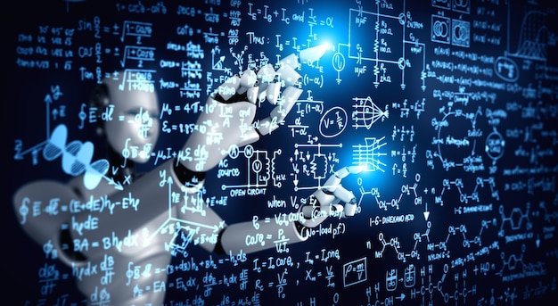 수학 공식 및 과학 방정식의 Ai 휴머노이드 로봇 터치 스크린