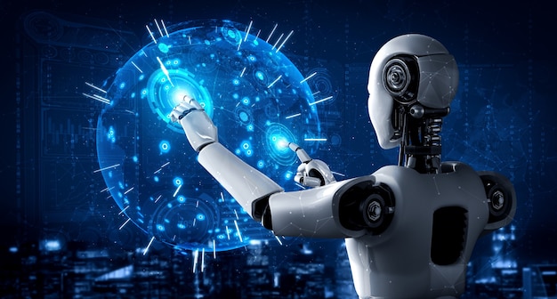 ホログラム画面に触れるAIヒューマノイドロボットは、グローバル通信の概念を示しています