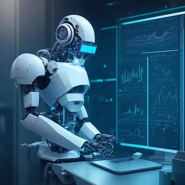 Робот-гуманоид с искусственным интеллектом, касающийся экрана голограммы, демонстрирует концепцию глобальной коммуникации