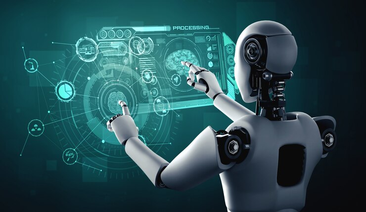 Photo ai humanoid robot touching virtual hologram screen showing concept of ai brain