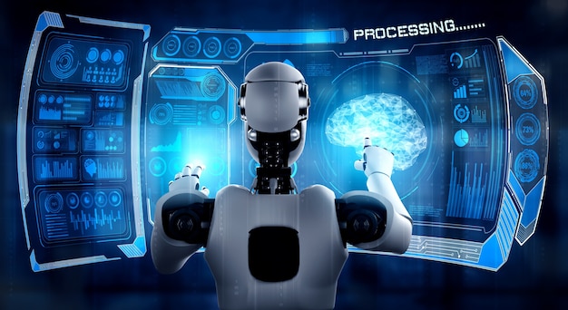 Робот-гуманоид ИИ касается экрана виртуальной голограммы, демонстрирующего концепцию больших данных