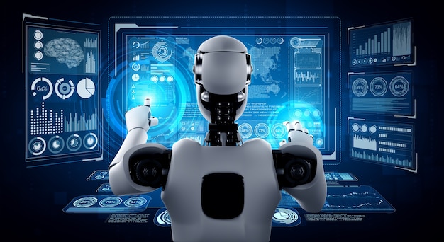 Гуманоидный робот AI, касающийся экрана виртуальной голограммы, демонстрирующий концепцию больших данных