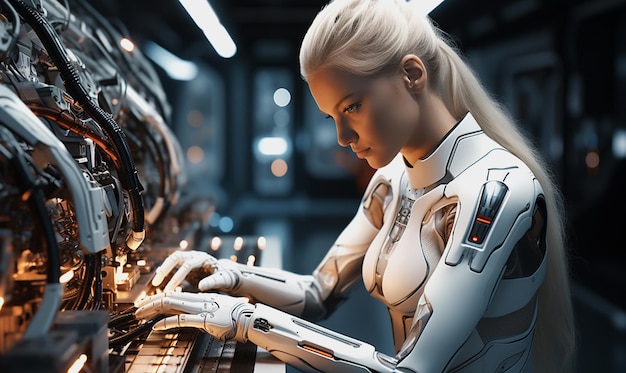 미래의 공장에서 일하는 인공지능 인간형 로