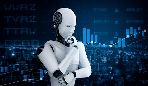 AI humanoïde robot die de handel op de beurs analyseert