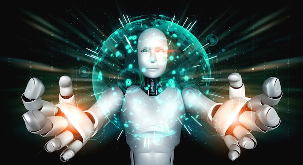 AI humanoïde robot met hologramscherm toont concept van wereldwijde communicatie