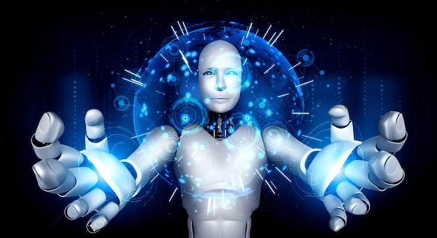 AI humanoïde robot met hologramscherm toont concept van wereldwijde communicatie