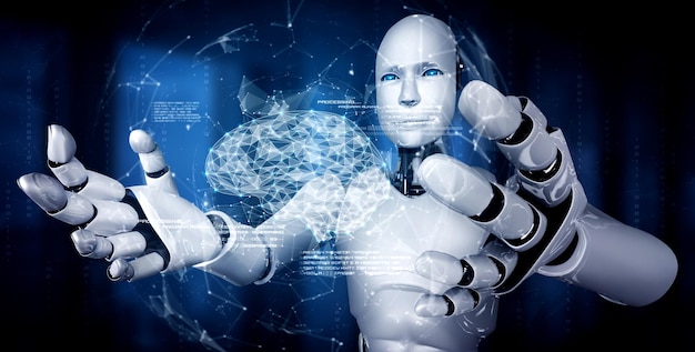 AI humanoïde robot met virtueel hologramscherm met concept AI-brein