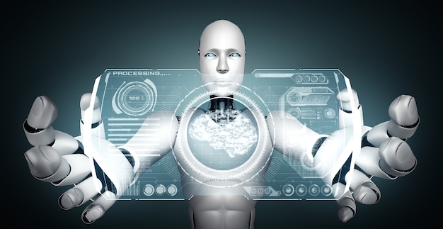 AI humanoïde robot met virtueel hologramscherm met concept van AI-hersenen