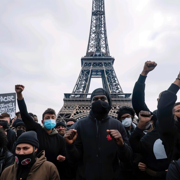 AI-illustratie van mensen die protesteren voor een Eiffeltoren in Parijs, Frankrijk