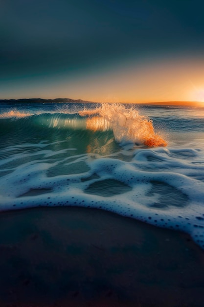 Foto illustrazione di una bellissima spiaggia estiva con un tramonto in lontananza