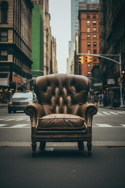 Photo an ai illustration of the brown leather chair is in front of an intersection on the sidewalk