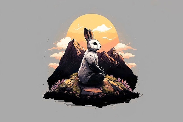 Ai illustration of a cute bunny doing yoga during the sunset
