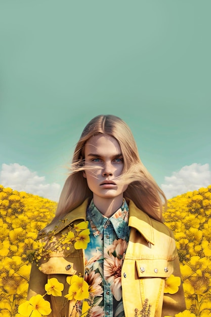 AI illustration of a determined Caucasian woman standing in a a yellow field of rapeseed on a spring day