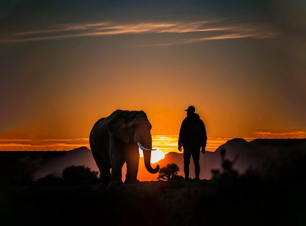 Foto illustrazione ai di un elefante e un uomo insieme nella savana