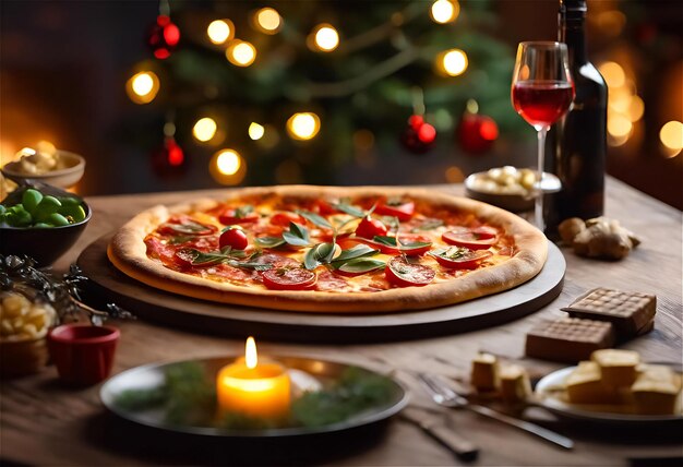 Foto illustrazione ai di una scena festiva di natale e pizze